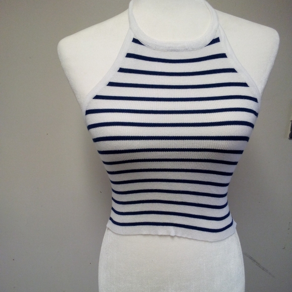 Forever 21 Tops - Forever 21 Blue and White Fitted Crop Tank Top